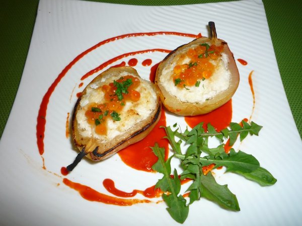 Poires et brandade coulis de poivron
